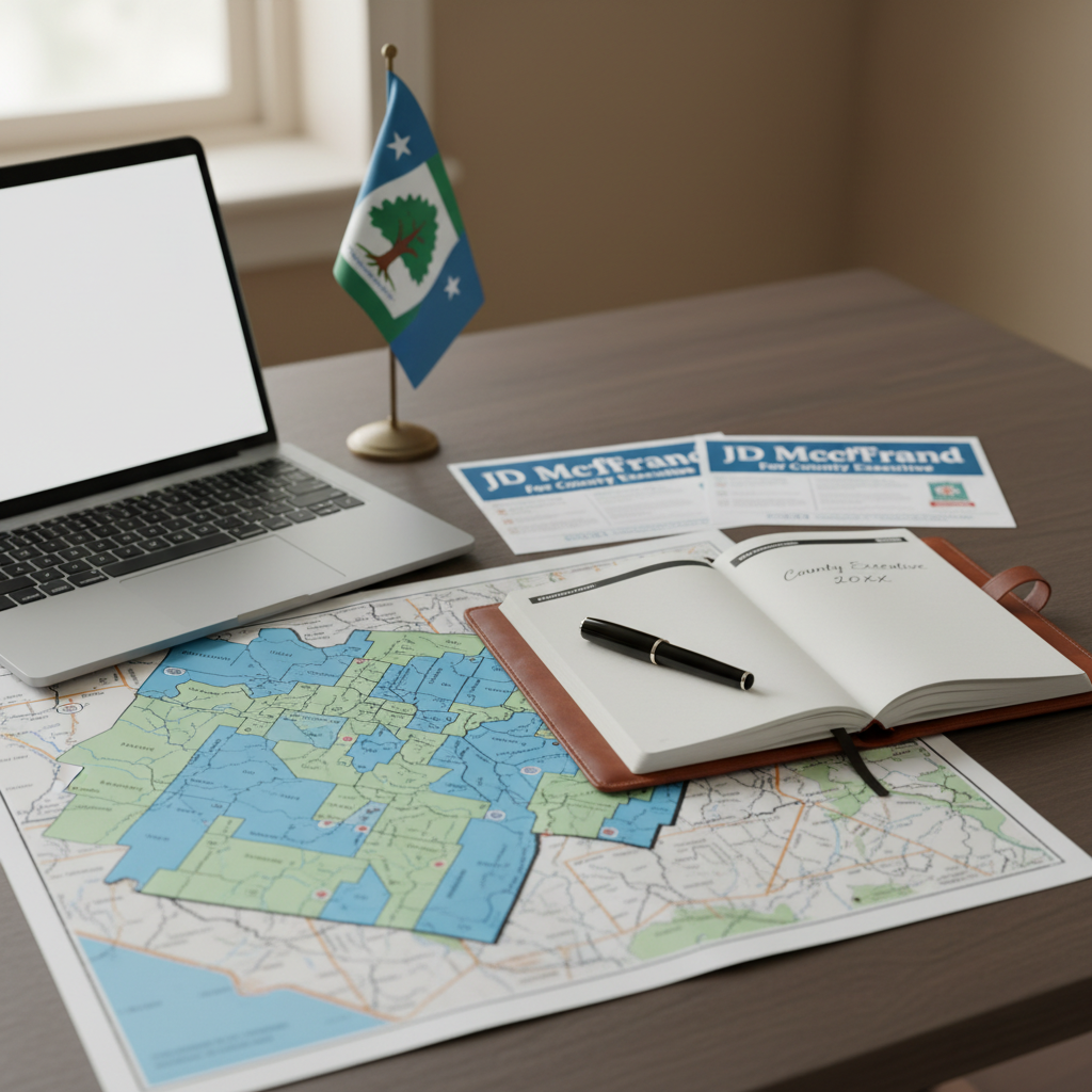 A meticulously arranged campaign strategy desk scene featuring an open leather-bound planner with “County Executive 20XX” neatly written, color-coded maps of the county with precincts outlined, and printed materials displaying the name “JD McFarland” alongside the title “For County Executive.” A slim laptop, capped pen, and a small county flag complete the arrangement on a matte, dark wood surface. Soft, directional window light from the left produces controlled highlights on the paper and faint reflections on the laptop, with the background falling into a gentle blur. Shot from a slightly elevated angle in photographic realism, the mood feels organized, diligent, and forward-looking, emphasizing professionalism and thoughtful planning without any human presence.