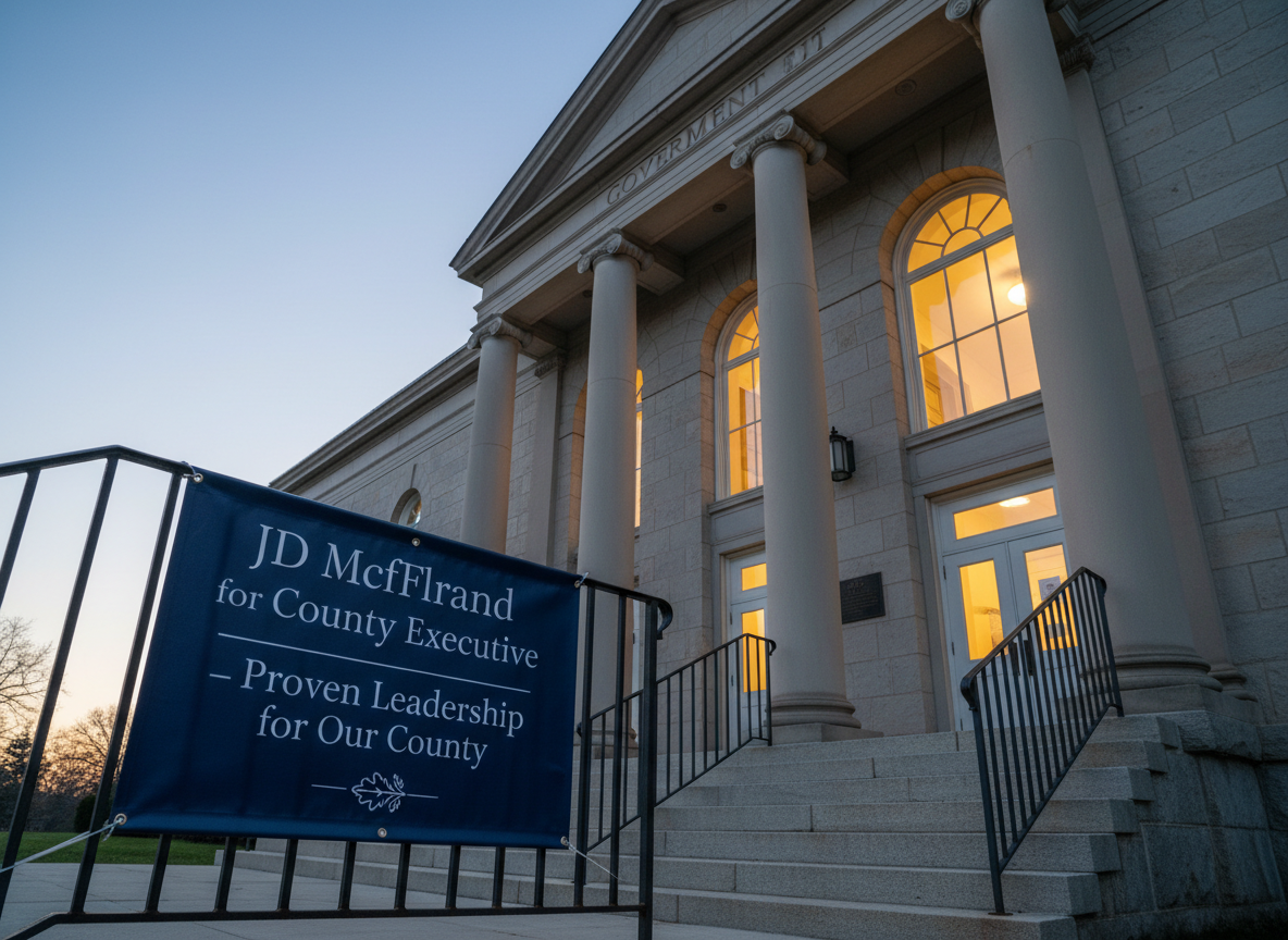 A dignified county government building entrance at dawn, its stone façade subtly illuminated by cool-blue early morning light and warm golden glow from interior fixtures behind large glass doors. Near the steps, a tasteful campaign banner attached to a railing reads “JD McFarland for County Executive – Proven Leadership for Our County” in refined, modern typography. The camera is positioned at a low angle, capturing the building’s architectural lines rising confidently into the sky, with crisp focus on the banner and a slightly softened background. The mood is aspirational and steady, suggesting readiness to serve from day one, rendered in realistic photographic style with balanced contrasts and natural colors.