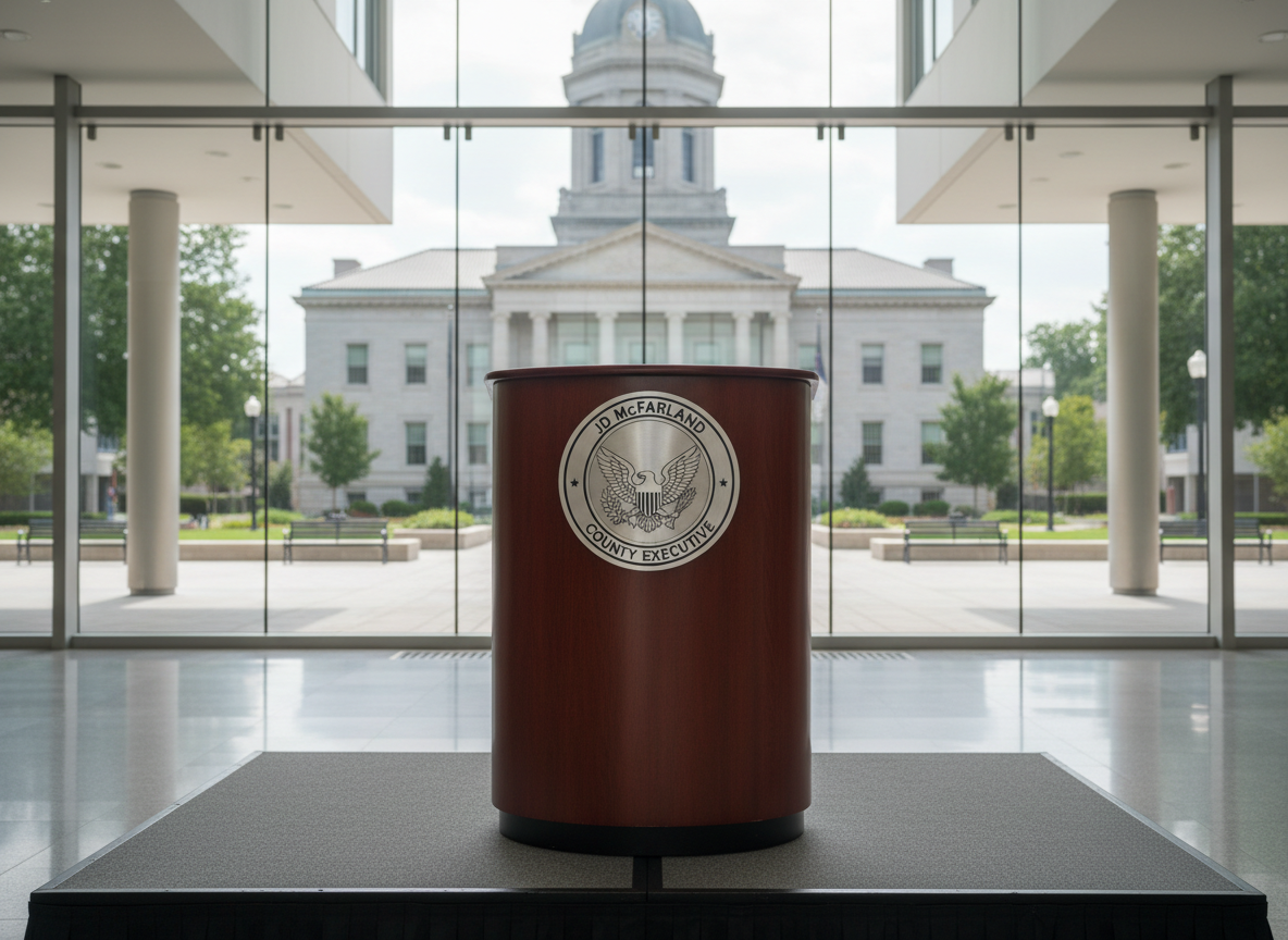 A polished wooden podium adorned with a sleek “JD McFarland – County Executive” seal on the front, standing alone in a modern government building atrium. Behind it, glass walls reveal a softly blurred view of the county courthouse and landscaped plaza. Overhead skylights allow diffused natural daylight to wash across the podium’s rich wood grain and the metallic emblem, creating refined highlights and controlled shadows. The composition is centered at eye level with a moderate depth of field, emphasizing the podium as a symbol of leadership and public service. The mood is professional and civic-minded, rendered in clean, photographic realism suitable for a serious political campaign website.